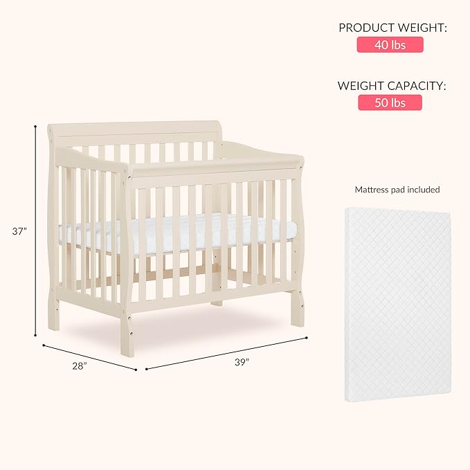 Dream On Me Aden 4-in-1 Convertible Mini Baby Crib French White, GreenGuard Gold & JPMA, Sustainable Pinewood, Non-Toxic Finish, 3 Mattress Heights, Converts to Mini Day & Twin-Size Bed