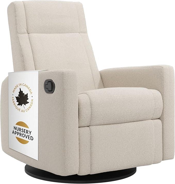 Jaymar Nelly Modern Nursery Glider Recliner Chair – Cozy Nursing Chair with 360° Swivel for New Parents, Gentle Motion, Compact Design, Lumbar Support – Made in Canada (Cream/Beyond Sheep Fabric)