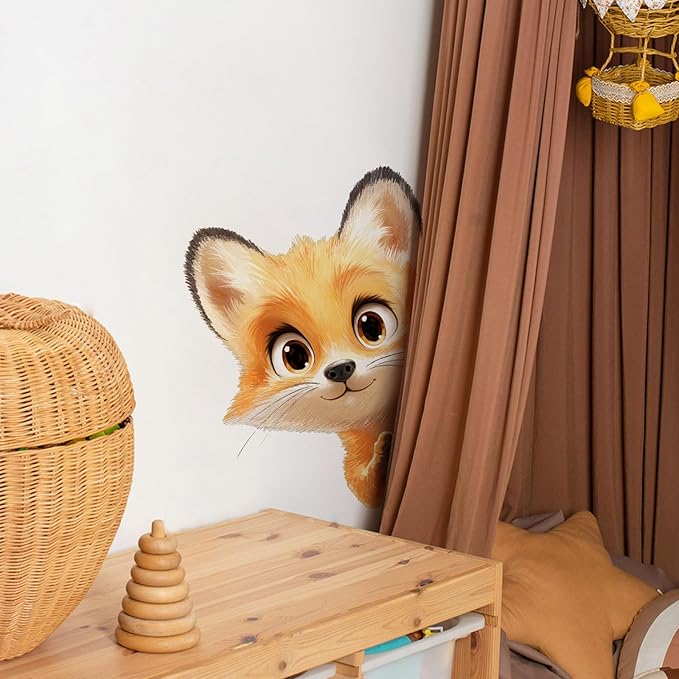 Peekaboo Fox Wall Decals Removable Watercolor Animal Peeking Vinyl Stickers for Nursery Living Room and Kids Playroom Cartoon Decor Peel and Stick Wall Art