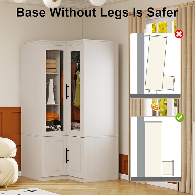 Corner Armoire Wardrobe Closet with Glass Door, Wood Wardrobe Closet Cabinet Bedroom Armoire with Hanging Rods for Home/Bedroom/Living Room White-53