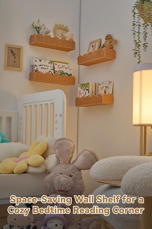 Nursery Book Shelves Set of 4, Metal & Plastic Artificial Rattan Scalloped Book Shelf 15.8", Cute Floating Bookshelf for Kids Bedroom Farmhouse Decor