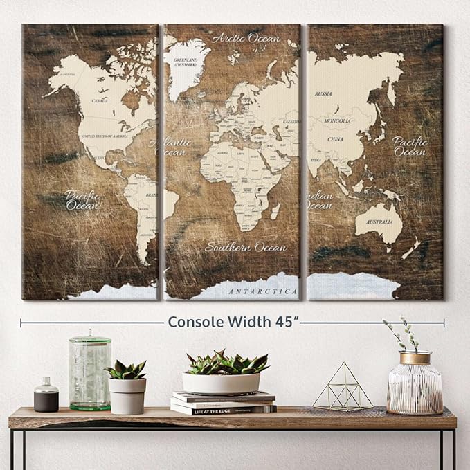 ElephantStock Aged Brown World Map I Wall Art - 3 Piece Canvas World Map Wall Decor - Ready-to-Hang Canvas Print - Vintage Wall Art - 45" X 28"