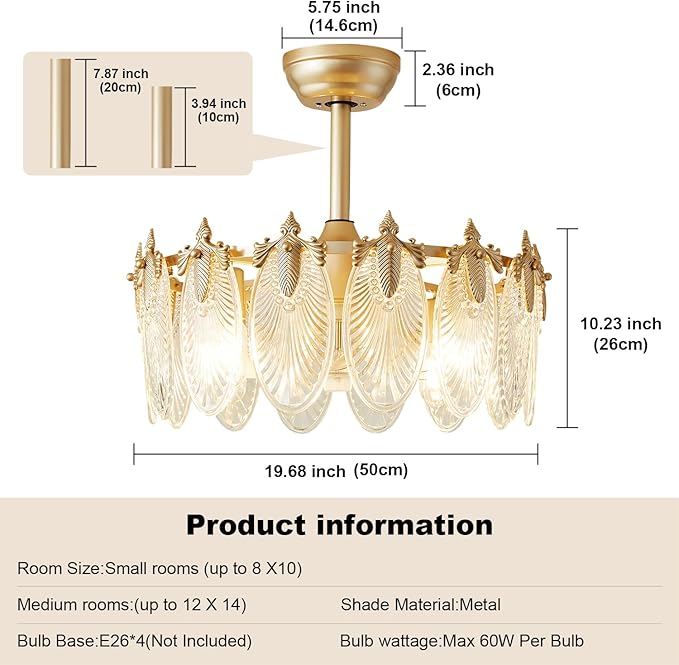Crystal Fandelier Ceiling Fan with Light Chandelier Fan Glass Semi Flush Mount Remote Control 6 Speeds 20 Inch Low Profile for Girl's Bedroom Living Room Kitchen Island