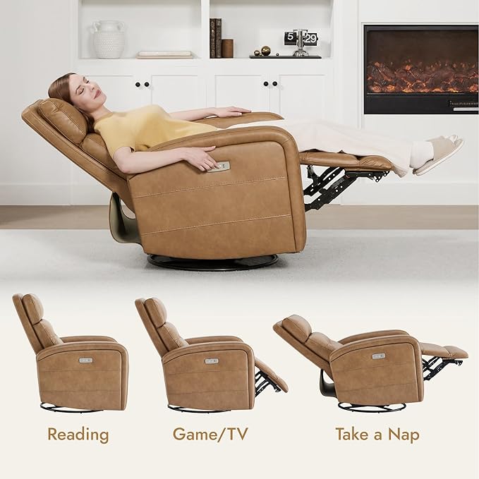 Watson & Whitely Swivel Recliner with Power Headrest, Recliner Chairs for Adults, Small Glider Rocker for Living Room, Faux Leather in Camel