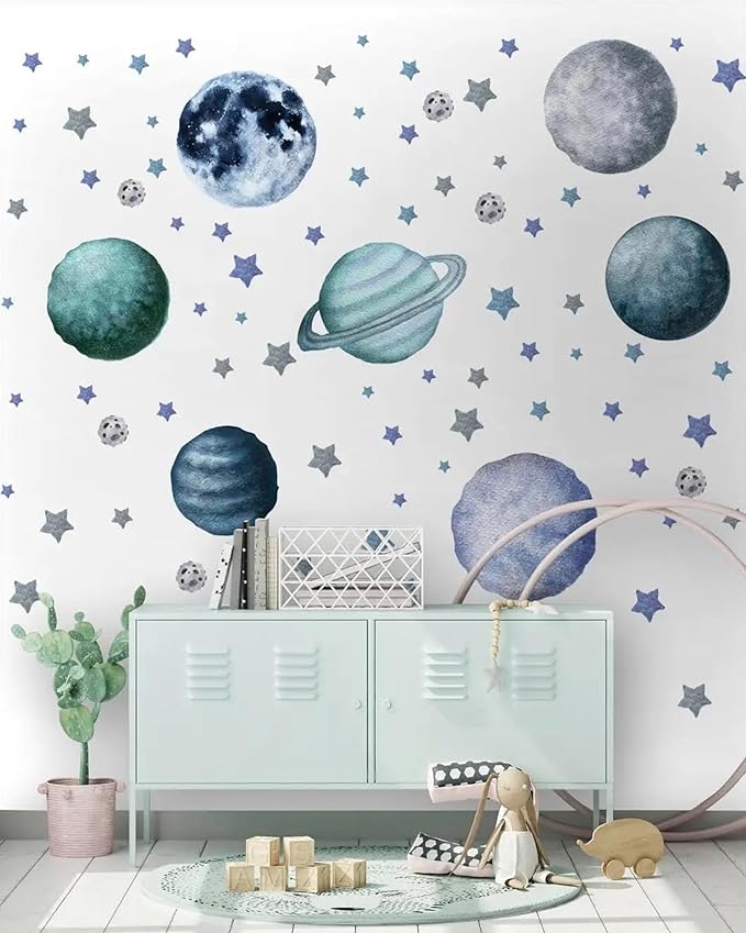 Planets and Stars Wall Decals, Removable Solar System Wall Stickers, Space Wall Décor, Peel and Stick Universe Art Mural Vinyl Sticker for Kids Boys Bedroom Nursery Decoration