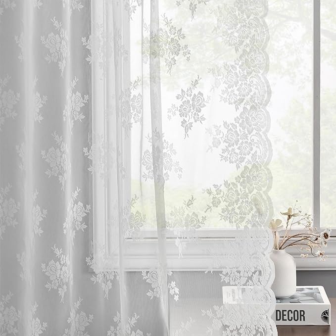 Kotile White Lace Curtains for Living Room, W52 x L92 Inch, 2 Panels Rustic Floral Sheer Lace Curtains 92 Inches Long Rod Pocket Privacy Light Filtering Cottagecore Vintage Sheer Window Curtain