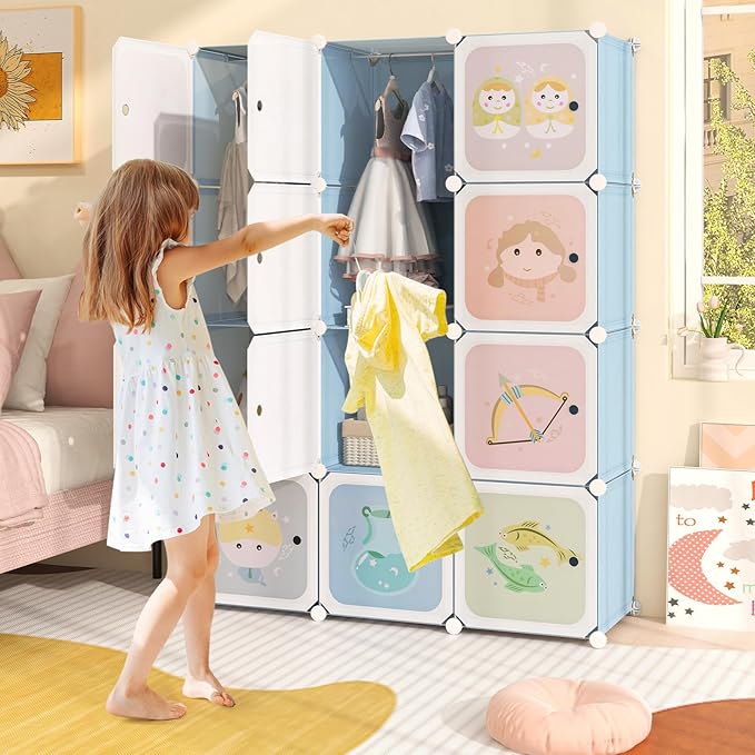 INFANS Children Wardrobe, Kid Closet Portable Baby Dresser Cute for Kids Bedroom Nursery Armoire with Doors 12 Cube 2 Hanging Sections, Kid Clothes Storage Organizer