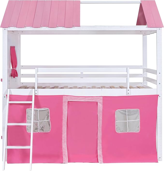 Twin Over Twin Pink Princess Castle Bunk Bed with Tent,Ladders and Guardrail, Solid Wood Playhouse House Floor Bunk Bed with Windows and Roof
