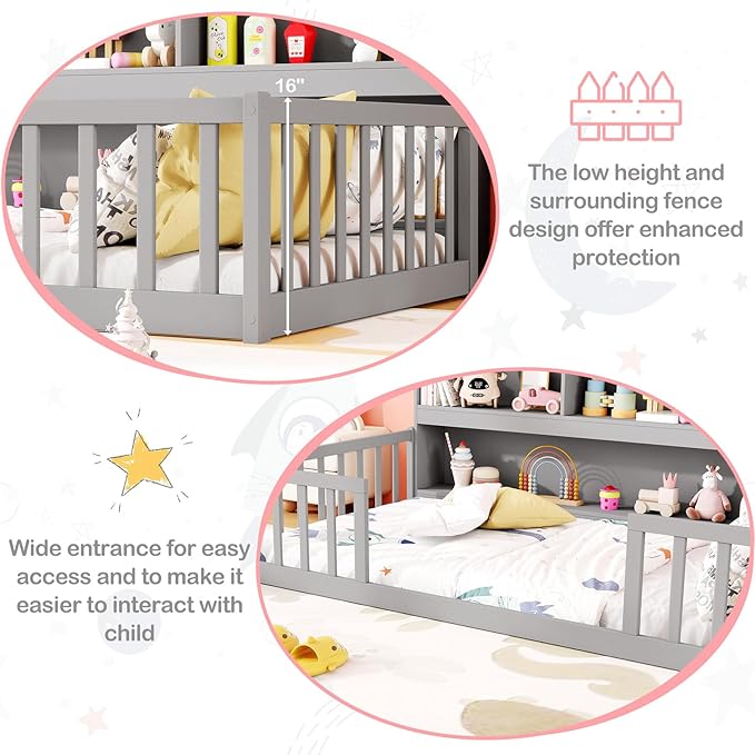 KOMFOTT Twin Floor Bed with Bookcase & Shelves, Wood Bed Frame with Bedside Bookshelves & Guardrails, Versatile 2-in-1 Montessori Floor Bed for Kids (Grey)