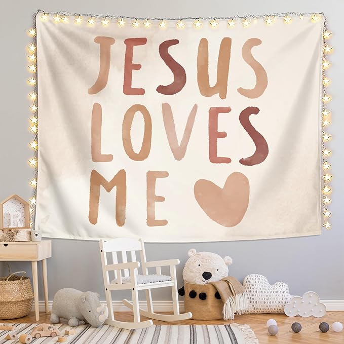 LIANGW Baby Girls Boys Nursery Decor - Jesus Loves Me Christian Tapestry Wall Hanging, Boho Neutral Bible Verse kids Room Decor, Toddler Girls Room Decor, 50x60 inche