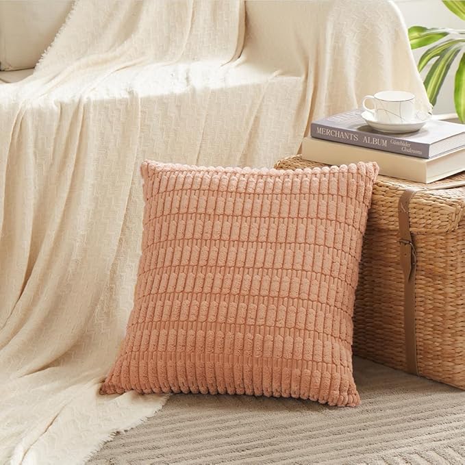 Fancy Homi 2 Packs Peach Farmhouse Decorative Throw Pillow Covers 18x18 Inch for Living Room Couch Bed Sofa, Rustic Boho Home Decor, Soft Striped Corduroy Square Cushion Case 45x45 cm