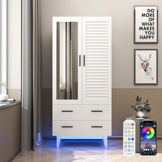 2 Door Armoire Wardrobe Closet Cabinet with Mirror, Drawers and LED Lights, Multi-Tier Shelves, Hanging Rod & 2 Louver Doors, Large Capacity Storage Wardrobe Armoire for Bedroom, White