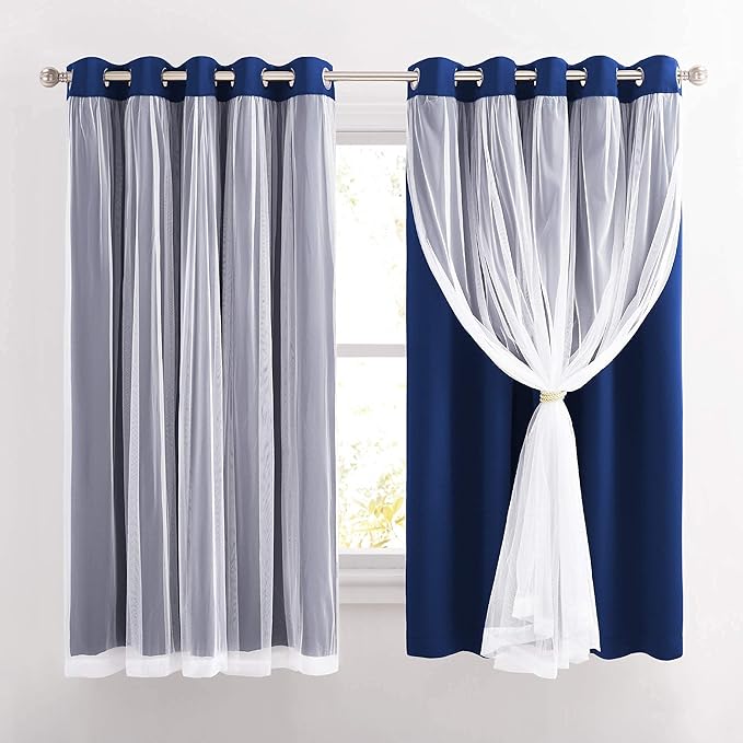 PONY DANCE Navy Blue Double Layer Blackout Curtains Room Divider Darkening Grommet Curtain with Sheer Overlay for Glass Door/Living Room/Nursery/Girls Kids Bedroom (Set of 2,70x63 inch with Tiebacks)