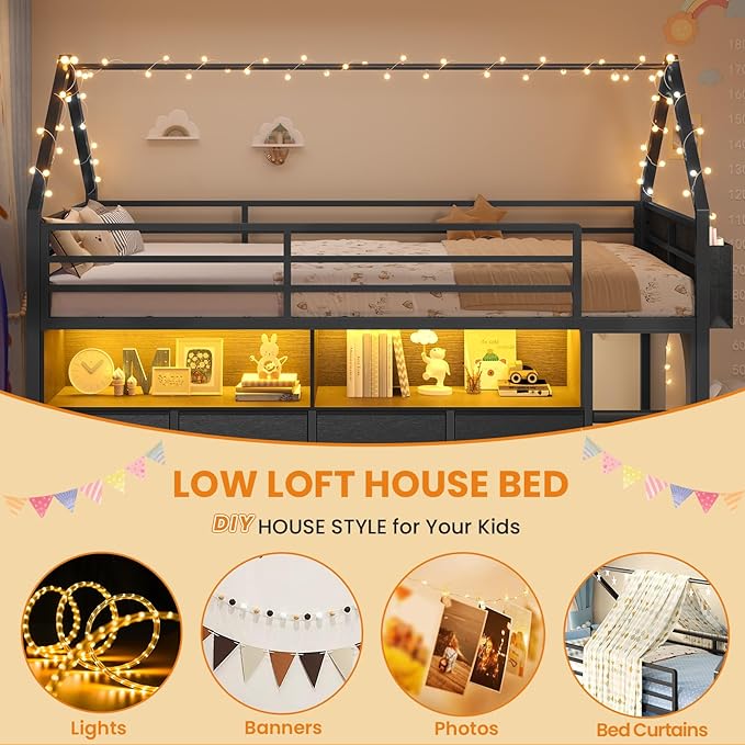 BTHFST Twin Size Loft Bed for Kids, 8 Storage Drawers & LED Lights, House Shaped Metal Bed with Bookcase, Soft Foam Ladder, 13.4" Safety Guardrail, Space Saving, Fun Curtain