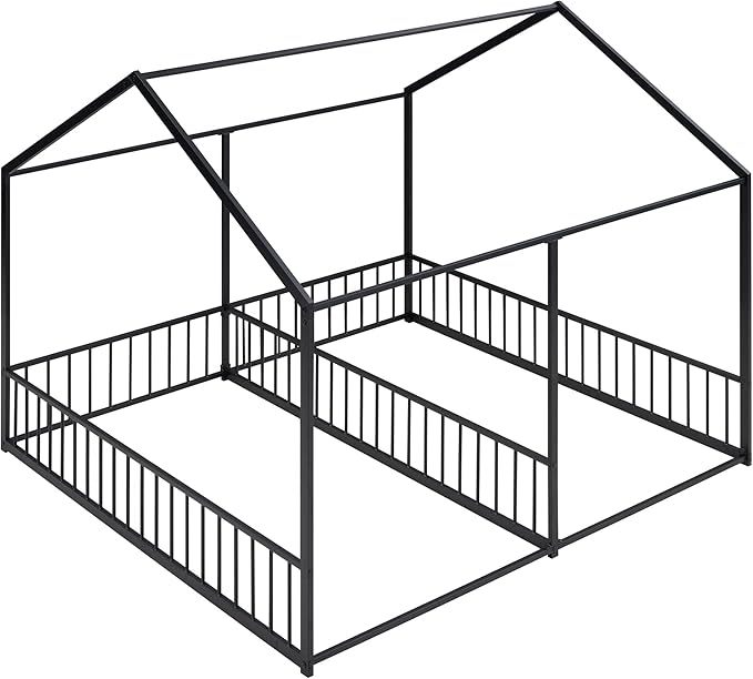 Harper & Bright Designs Metal Twin Size House Platform Bed Frame for Boys Girls Kids Adults Toddler, Two Shared Beds, Black