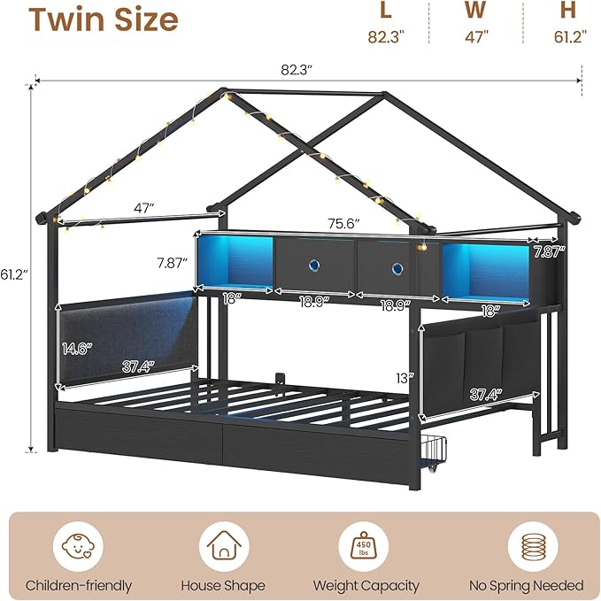 DICTAC Twin Corner Bed Frame with Storage Bookcase,Charging Station and Upholstered Headboard House Shaped Twin Size Bed Frame with 2 Storage Drawers,RGB LED and Globe Lights,Kid twin House Beds,Black