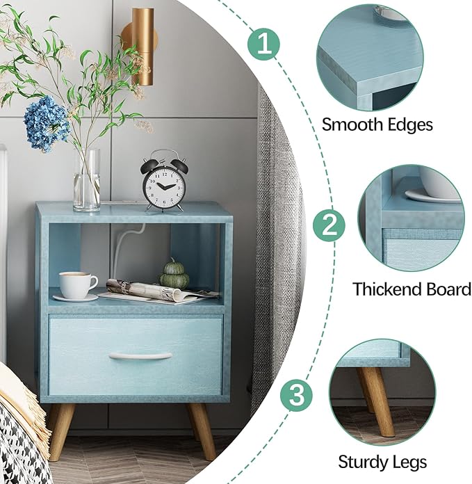 Night Stand with Charging Station, Blue Kids Nightstand with Drawer, 2-Tier Nursery Bedside Table with USB Ports and Outlets, End Table for Small Space, Living Room, Bedroom