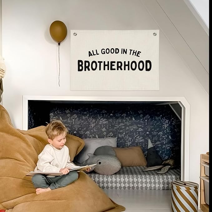 Boy Nursery Decor, Playroom Wall Decor, Brotherhood Canvas Banner Wall Hanging Flag for Nursery Classroom Playroom Kids Room, Playroom Essentials