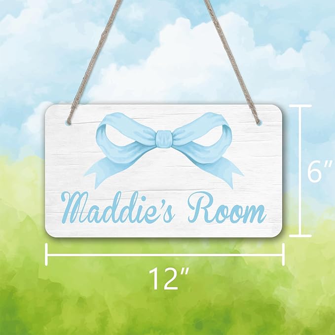 Personalized Blue Bow Kids Room Door Sign Custom Name Girls Boys Bedroom Decor Toddler Baby Nursery Wood Art Wall Plaque 12x6 Inches