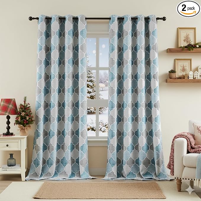 Moroccan 100% Blackout Curtains 63 Inches Long for Bedroom Gray Blue Geo Lattice Window Curtain Panels Thermal Insulated Noise Reducing Grommet Top Window Treatments Sets, 52" W, 2panels