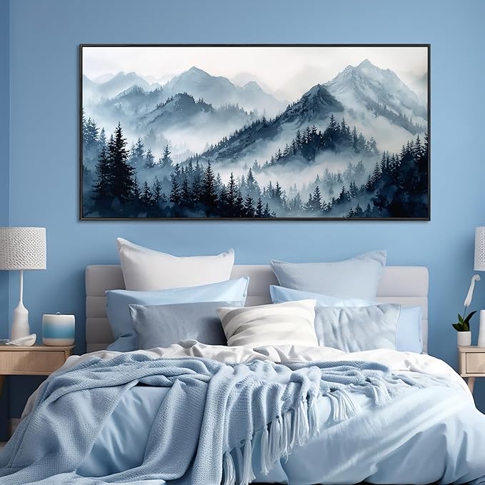 Large Framed Blue Gray Misty Forest Wall Art for Living Room, Watercolor Landscape Nature Canvas Print Paintings Artwork for Walls, Modern Foggy Mountains & Pine Forest Pictures for Home Decor 20"x40"