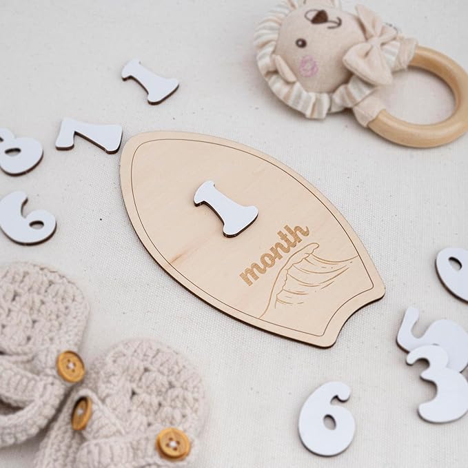 Wooden Surfboard Baby Monthly Milestone Sign, 1–12 Month Photo Prop Set, Beach Wave Design Neutral Nursery Decor, Newborn Growth Tracker Keepsake