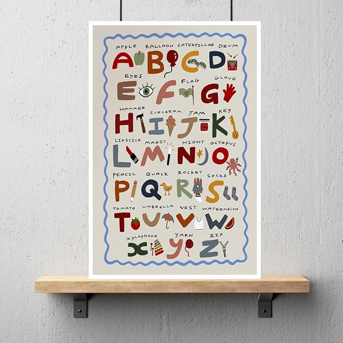 Cute First Illustration Alphabet Learning Canvas Print Posters Eclectic Nursery Wall Art Funny Boho Kids Educational Abc Chart Colorful Decor Picture for Toddlers Classroom Playroom 20x30inch Unframed