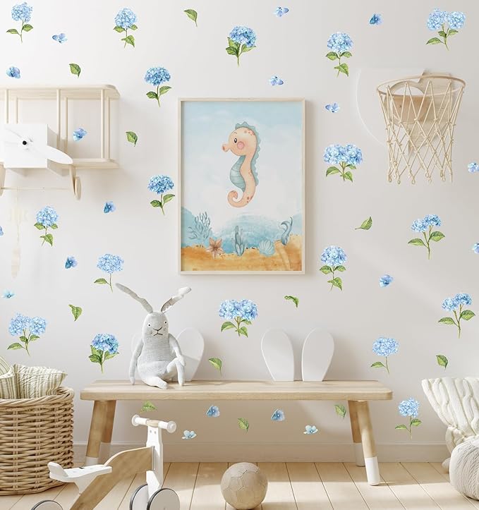 Watercolor Blue Hydrangea Wall Stickers, Blossom Floral Vinyl Wall Decals, Removable Flower with Green Leaves DIY Wall Art for Bedroom Living Room Decor