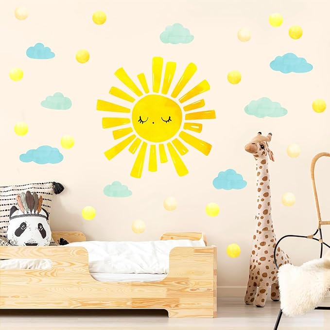 Watercolor Sun Cloud Wall Decals Large Sun and Clouds Wall Stickers Yellow Polka Dots Decal Peel and Stick Big Sun Wall Stickers for Kids Room Baby Nursery Bedroom Playroom Decor