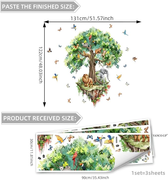 Suspended Tree Wall Decals Jungle Safari Animals Wall Decal Stickers for Kids Bedroom Playroom Nursary Classroom 51.57x48.03 inches