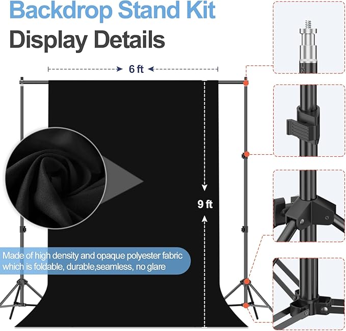 EMART Photography Backdrop Stand Kit 7 x 10 ft with Black Curtain, Adjustable Background Support System with Portable Large Polyester Fabric Screen for Photo Video Studio, Party, Live