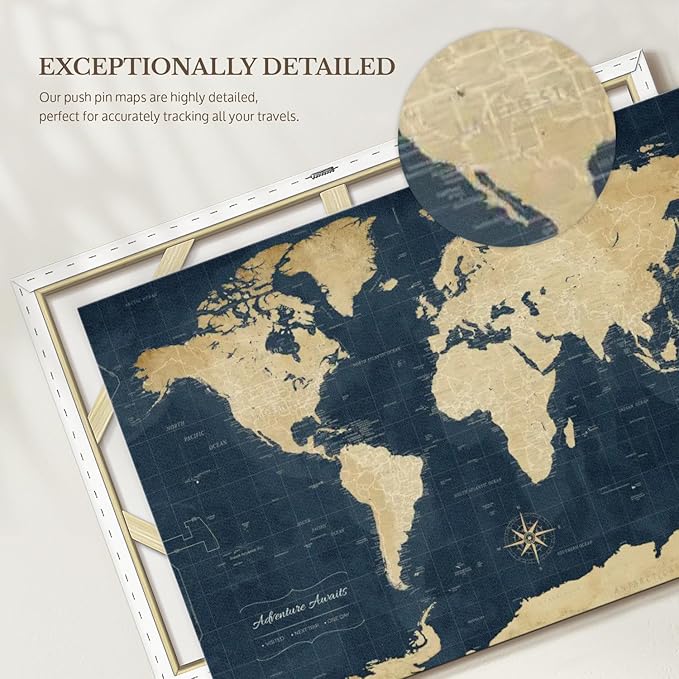 ElephantStock - Adventure Awaits World Map With Push Pins Wall Art - Horizontal Canvas Wall Art - Living Room Wall Decor - Digital Art Map Canvas Art - Gold And Blue Decor - 39" x 26"