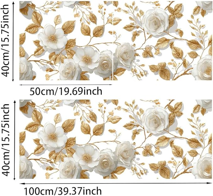 Gold Leaf Flower PVC Wallpaper Sticker 39.37x15.75 Inch White Blossom and Branch Pattern Self Adhesive Decorative Wall Decal for Living Room Bedroom Luxury Home Decor