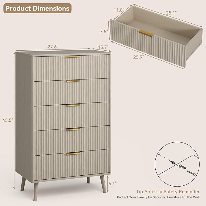 CARPETNAL Fluted 5 Drawers Dresser for Bedroom, 45" Tall Wooden Chest of Drawers with Rounded Corners, Gold Handles, Modern Storage Organizer for Bedroom, Hallway (Beige)
