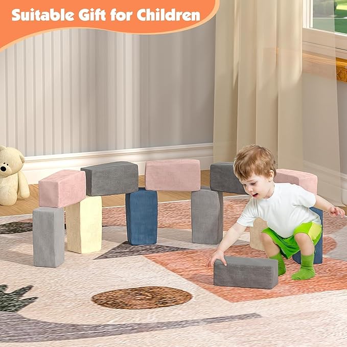 12 PCS Modular Kids Play Block Couch Child Sectional Soft Sofa Toddler Building Fortplay Climbing Bedroom Playroom Baby Convertible Floor Foam Cushion for Boys & Girls (12pcs+Rectangle)