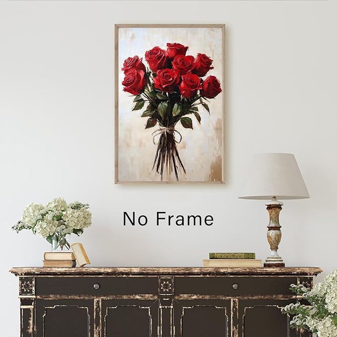 Vintage Flower Canvas Wall Art Red Rose Painting French Country Flowers Prints Farmhouse Rose Poster Floral Still Life Prints Retro Flower Botanical Painting Red Floral Posters 16x24inch Frameless