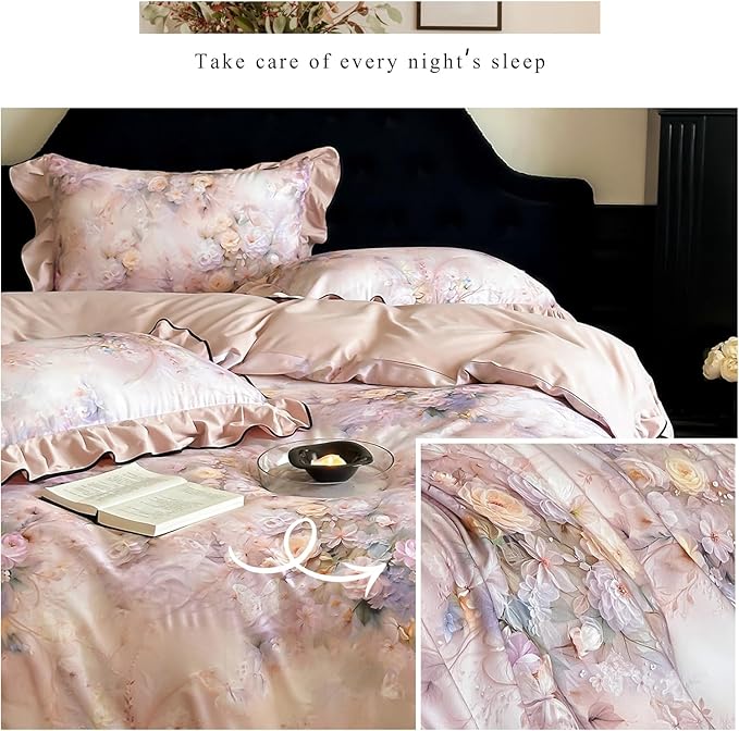 HighBuy Pink Floral Ruffle Duvet Cover Twin XL,Ruffle Lace Floral Bedding Set for Girl College,Soft Brushed Cotton Comforter Cover with Zipper for Hot Sleepers,Breathable & Fade-Resistant