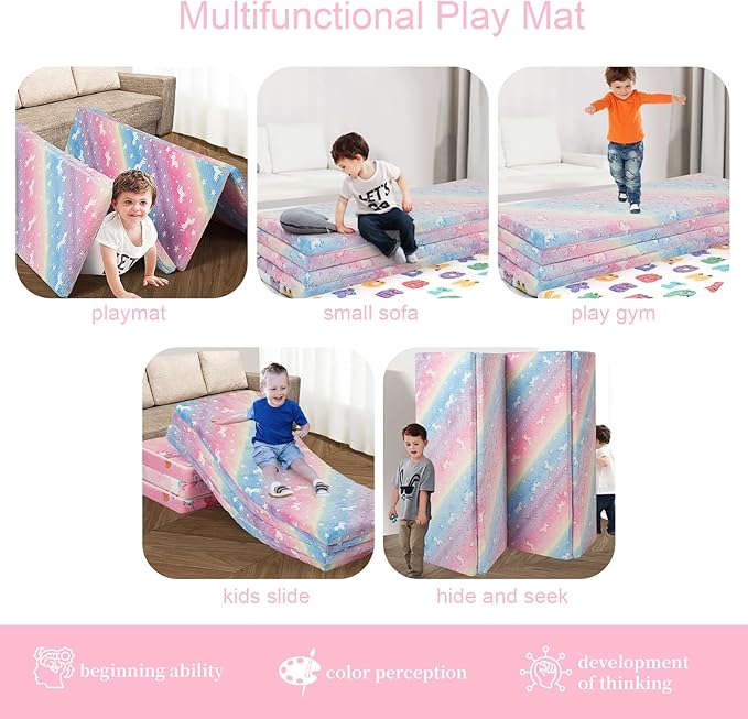 MeMoreCool Kids Floor Futon Mattress, Play Mat Muscle Mat Large 6x4 FT, Thicken Foam Tatami Mattress for Children Play Area, Foldable Sleeping Crawling Pad for Playroom, Rainbow Unicorn
