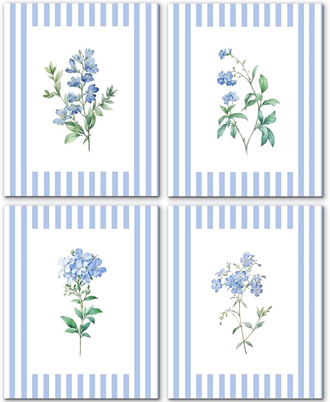 JINYO Vintage Blue and White Striped Floral Wall Art Prints Set of 4, Floral Wall Decor, Rustic Cottagecore Botanical Wall Decor Posters Pictures for Home Bedroom Living Room, 12x16 Unframed