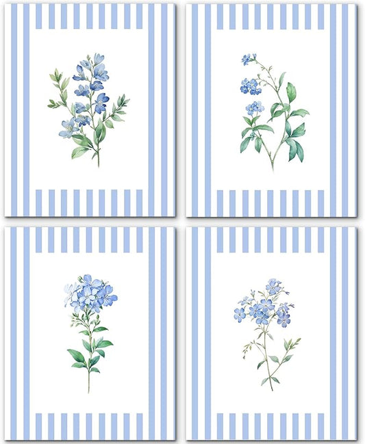 JINYO Vintage Blue and White Striped Floral Wall Art Prints Set of 4, Floral Wall Decor, Rustic Cottagecore Botanical Wall Decor Posters Pictures for Home Bedroom Living Room, 12x16 Unframed