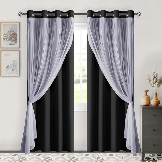 DWCN Black Layered Curtains for Living Room Blackout and Sheer Curtains Grommet Top Curtain Panels with Sheer Overlay for Bedroom, 52 W by 84 L, 2 Pieces