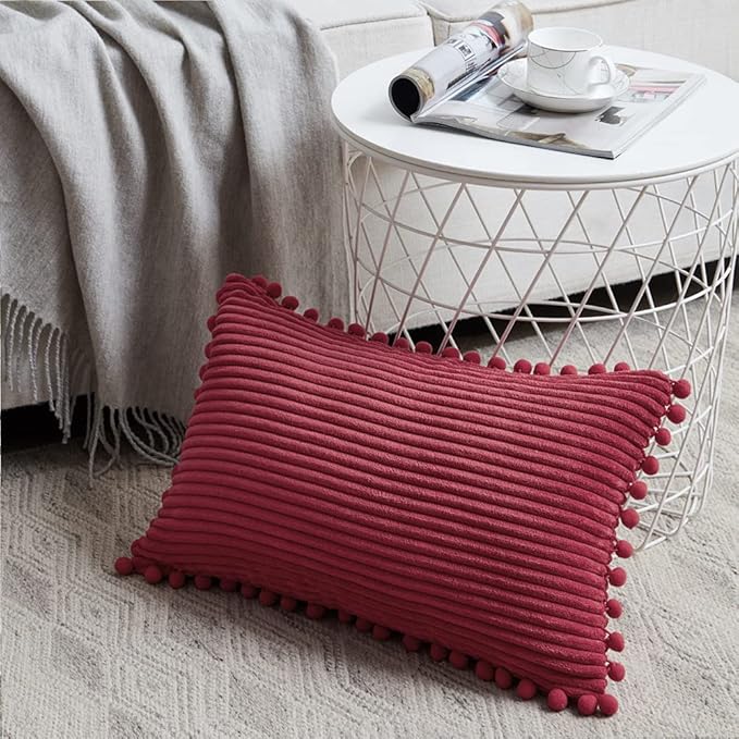 Fancy Homi 2 Packs Burgundy Lumar Decorative Throw Pillow Covers 14x24 Inch with Pom poms, Christmas Home Decor, Soft Corduroy Accent Rectangle Cushion Case for Living Room Couch Bed Sofa