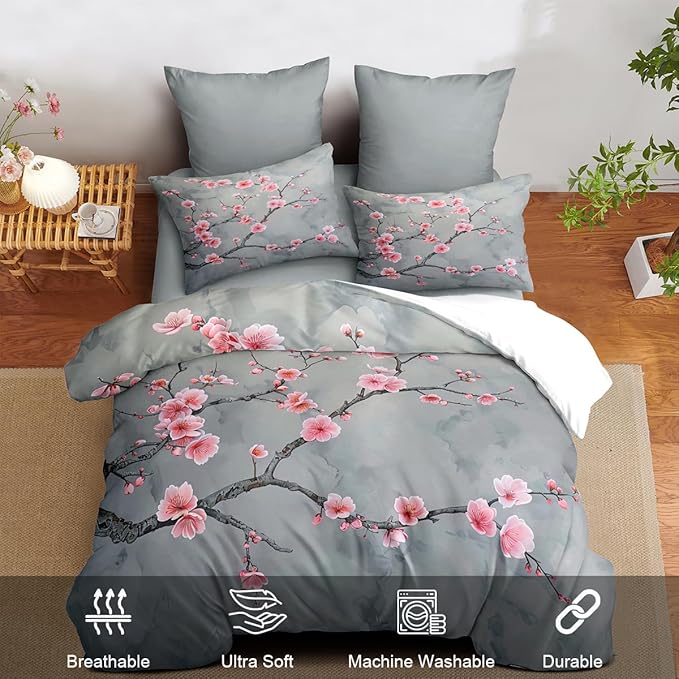 Grey Pink Cherry Blossom Duvet Cover Queen Size Japanese Cherry Blossoms Duvet Cover Set Vintage Floral Bedding Set Soft Microfiber Comforter Cover(2 Pillowcases, No Comforter)