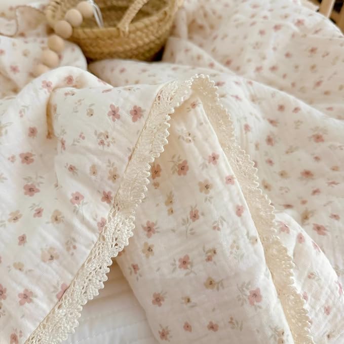 BuLuTu Pink Flower Print Toddler Quilted Blanket Chic Shabby Floral Kids Quilts with Lace Edges, Lightweight Thin Quilt Kids Comforter 100% Gauze Cotton, 60x78 Inches