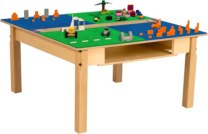 Contender Time-2-Play Kids Wooden Square Lego Compatible Play Table 35" Wide with 16" Legs, Montessori Building Blocks Desk with Trough and Shelf [Blue and Green]