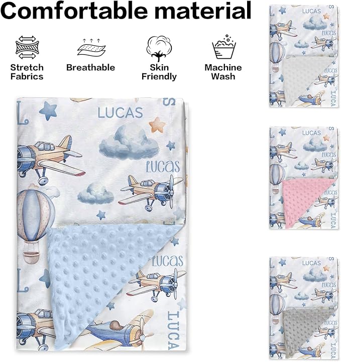 Personalized Baby Blankets for Boys Girls, Custom Name Baby Blanket with Toy Airplane Design, Soft Receiving Blanket for Newborns and Toddlers, Ideal for Baby Showers and Nursery Decor