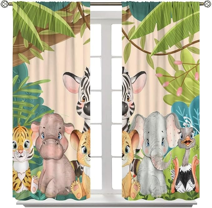 Animals Curtains Colorful Forest Cartoon Cute Zebra Tiger Elephant for Kids Boys Girls Nursery Bedroom Living Room Blackout Rod Pocket Decoration Window Drapes 2 Panels W21xL63in