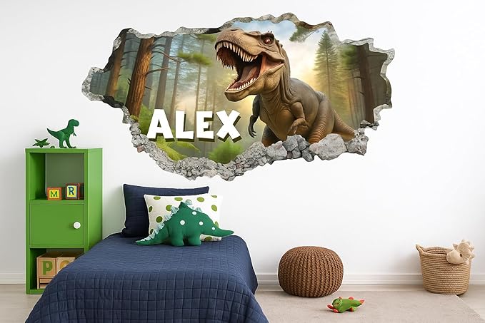Personalized Dinosaur Wall Decal for Kids – Custom Name T Rex Wall Sticker for Boys Bedroom – Dinosaur Room Decor – 3D Dino Wall Art for Playroom Nursery – Custom Kids Name Wall Graphic