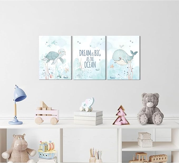 Ocean Nursery Canvas Wall Art Sea Turtle Whale Animal Painting Picture Wall Decor Sea Kids Room Poster Print Artwork for Baby Boys Girl Children's Room Bedroom Home Decoration
