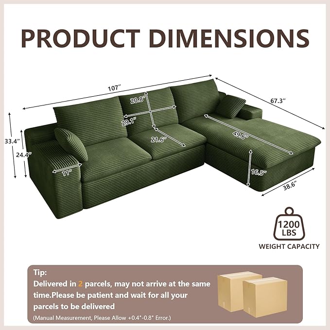 Cloud Sectional Couch,107 Inch Modular Sectional Sofa with Deep Seat, Modern Corduroy Boneless Couches with L-Shape Chaise for Living Room Bedroom, No Assembly Required (Green, Right Facing Chaise)